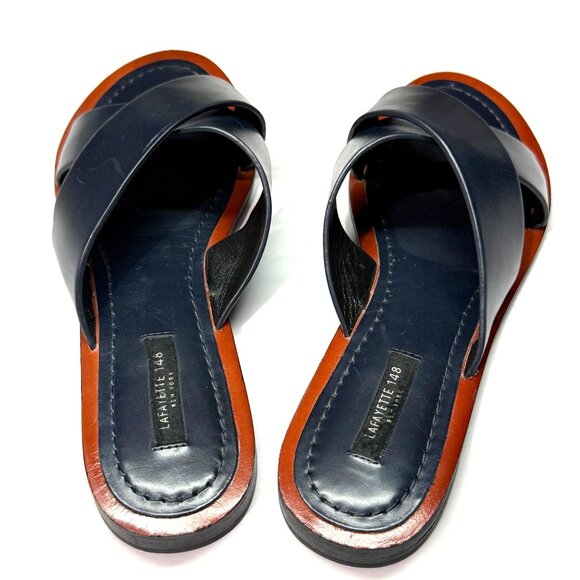 size 8/38 Lafayette 148 Vienna Womens Navy Leather Cross-Strap Slide Sandals - Picture 5 of 9